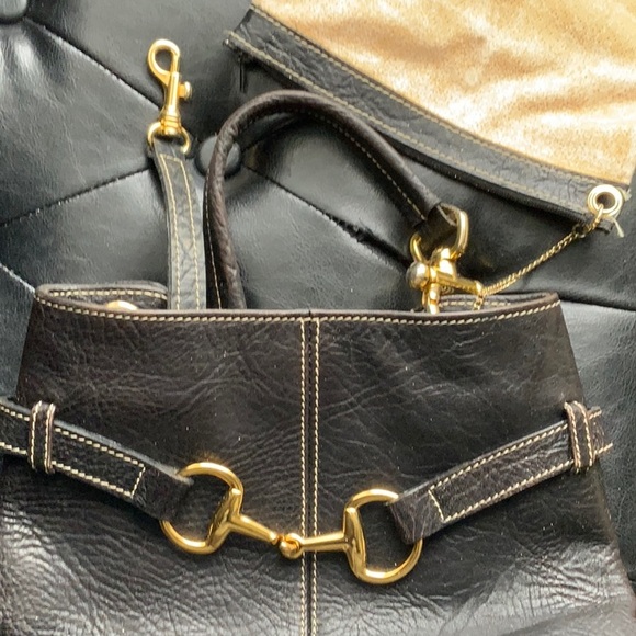 Black Leather Horse Bit Handbag with small attached bag inside and two handles. - Picture 8 of 8